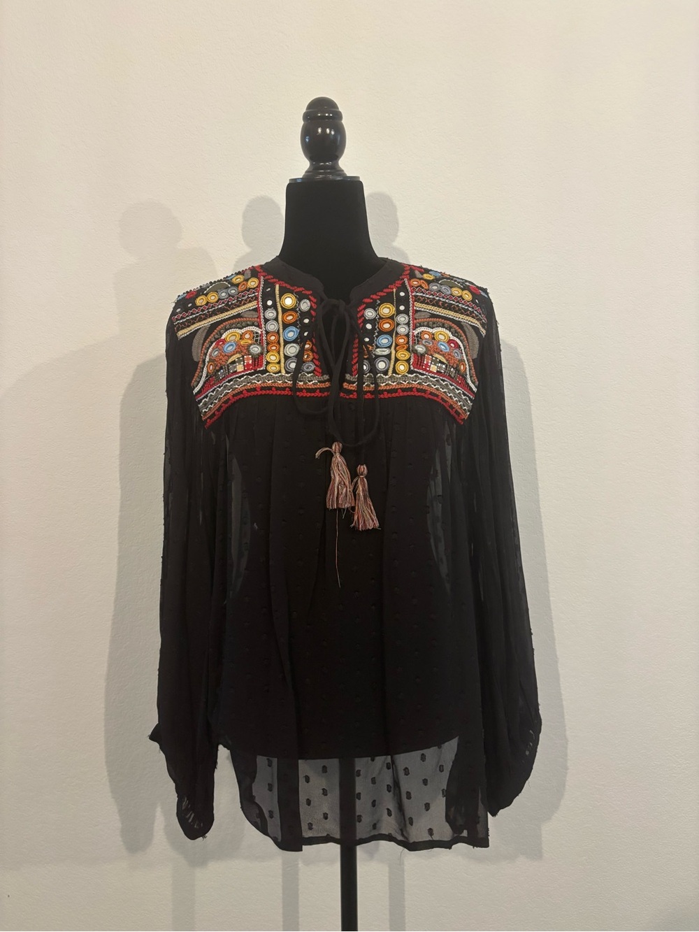 Ivy Jane Embroidered Black Boho Peasant Blouse with Tassel Tie